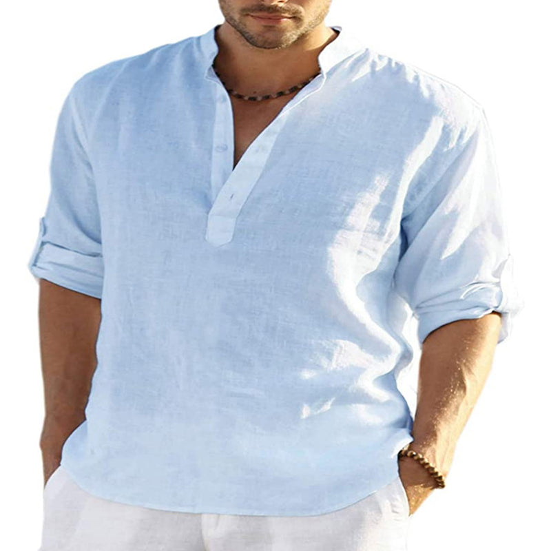 2025 New Men's Solid Color Long Sleeve Cotton and Linen Shirt