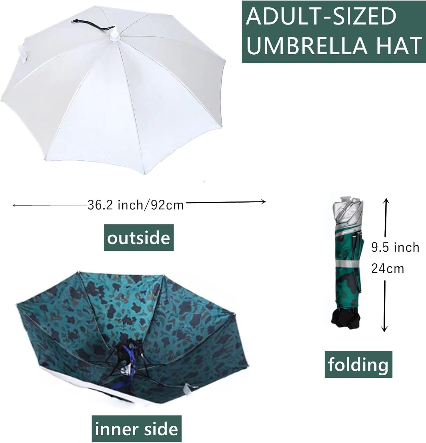 36" Diameter Fishing Umbrella Hat Folding Adjustable Sun Rain Cap