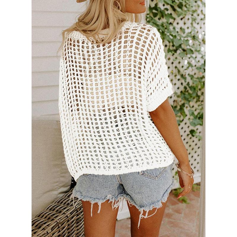 Last Day 🎁 Womens Summer Scoop Neck ShortSleeve Sweater Casual Crochet Hollow Out KnitTops