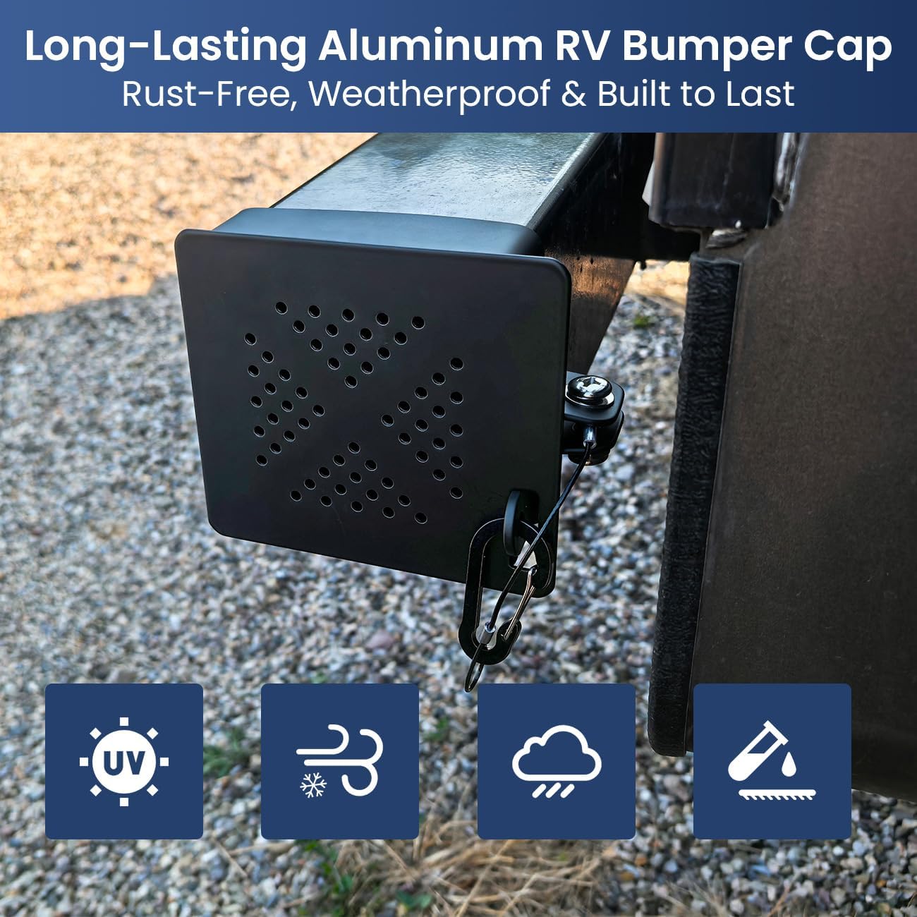 Safoner Aluminum RV Bumper End Cap- Fits Standard 4-Inch Square Camper Bumpers, No-Insect Vent Holes, Secure Sewer Hose Storage, Must-Have Travel Trailer Accessories - 2 Pack
