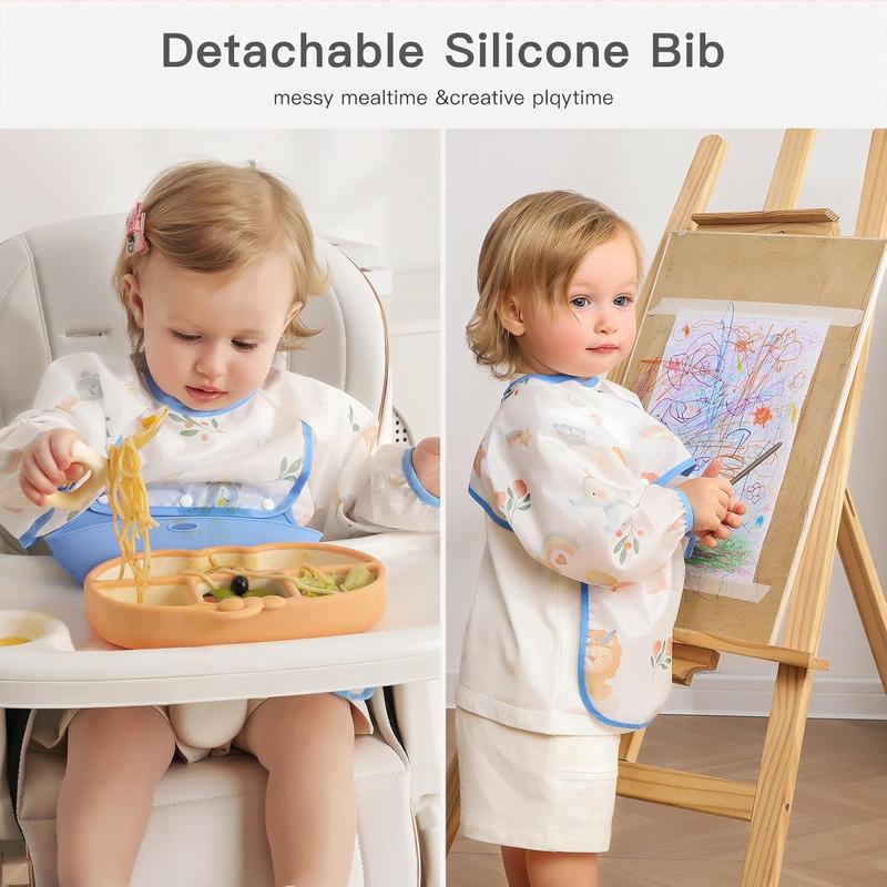 👶Baby Long Sleeve Bib with Silicone Catch Pocket