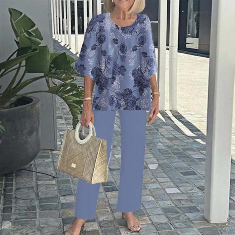 🔥Women's round neck short sleeve top with floral print pants casual suit（🛩️Home delivery）