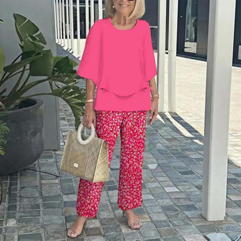 🔥Women's round neck short sleeve top with floral print pants casual suit（🛩️Home delivery）