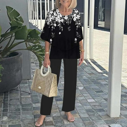 🔥Women's round neck short sleeve top with floral print pants casual suit（🛩️Home delivery）