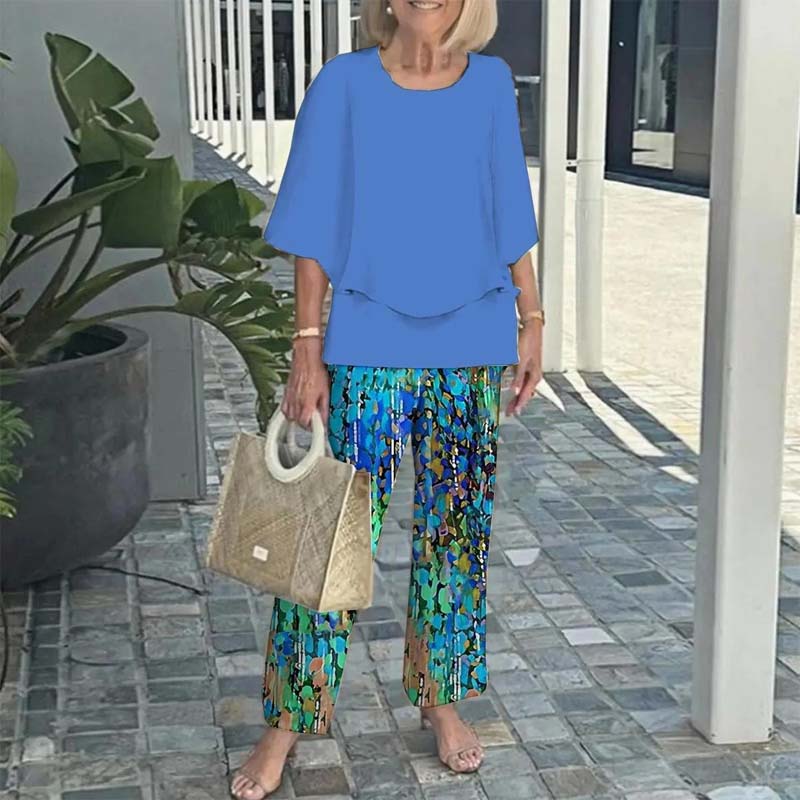 🔥Women's round neck short sleeve top with floral print pants casual suit（🛩️Home delivery）