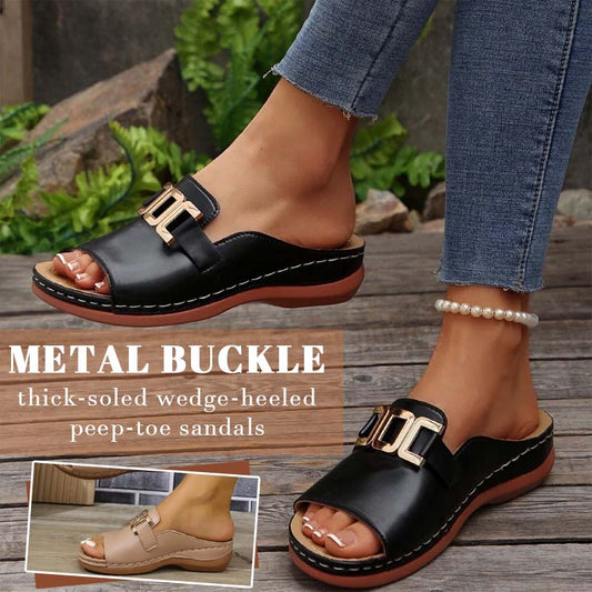 💞Metal buckle thick-soled wedge-heeled peep-toe sandals