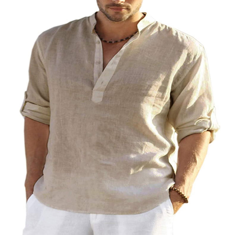 2025 New Men's Solid Color Long Sleeve Cotton and Linen Shirt