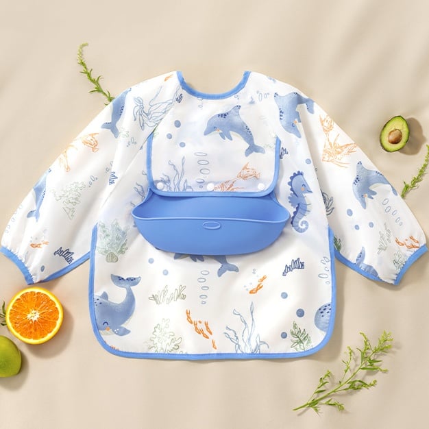 👶Baby Long Sleeve Bib with Silicone Catch Pocket