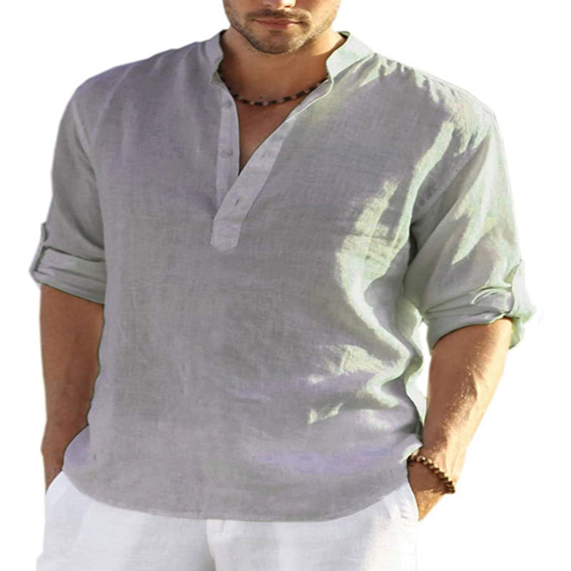 2025 New Men's Solid Color Long Sleeve Cotton and Linen Shirt