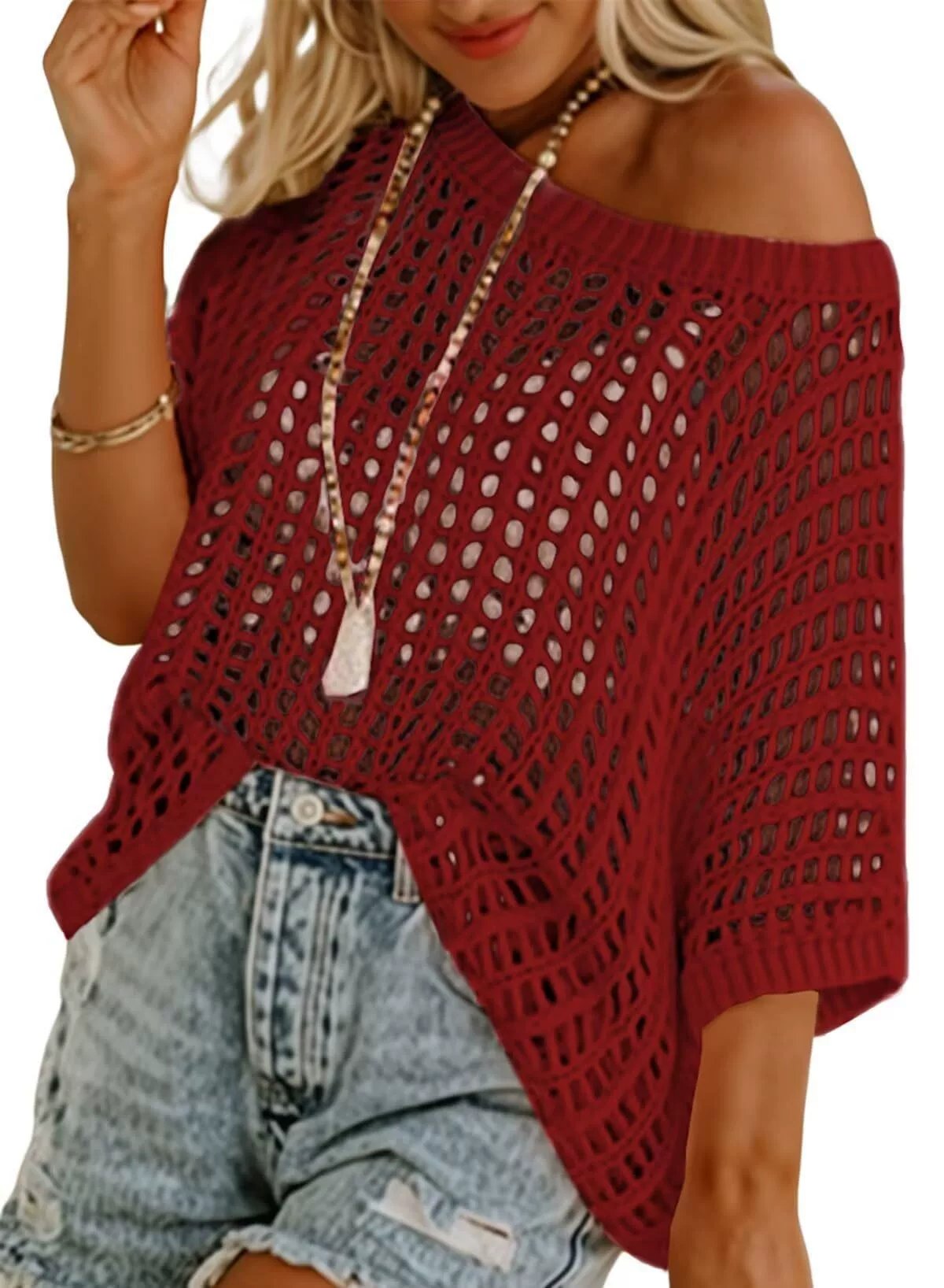 Last Day 🎁 Womens Summer Scoop Neck ShortSleeve Sweater Casual Crochet Hollow Out KnitTops