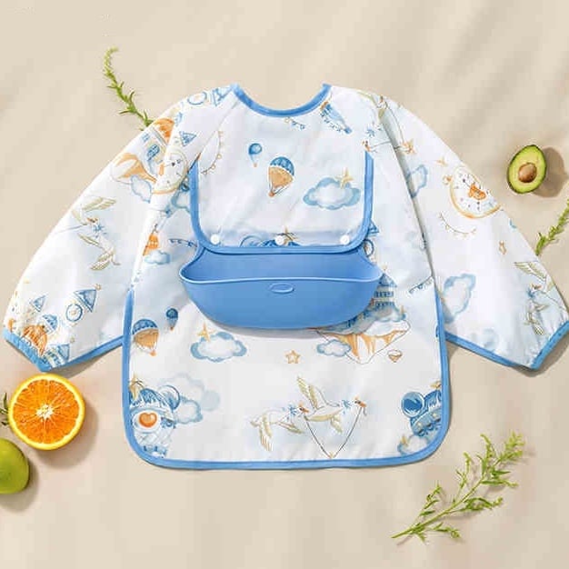 👶Baby Long Sleeve Bib with Silicone Catch Pocket