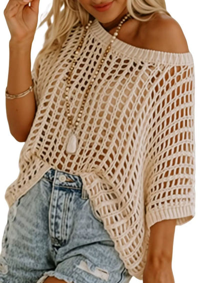 Last Day 🎁 Womens Summer Scoop Neck ShortSleeve Sweater Casual Crochet Hollow Out KnitTops