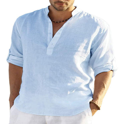 2025 New Men's Solid Color Long Sleeve Cotton and Linen Shirt