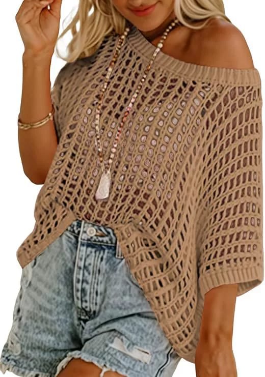 Last Day 🎁 Womens Summer Scoop Neck ShortSleeve Sweater Casual Crochet Hollow Out KnitTops
