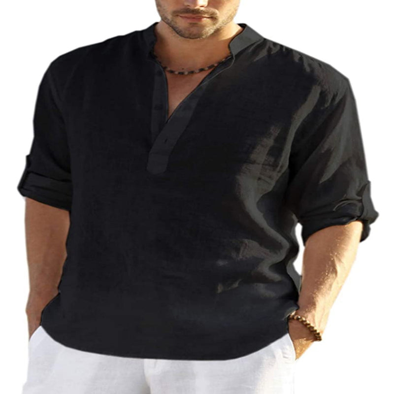 2025 New Men's Solid Color Long Sleeve Cotton and Linen Shirt