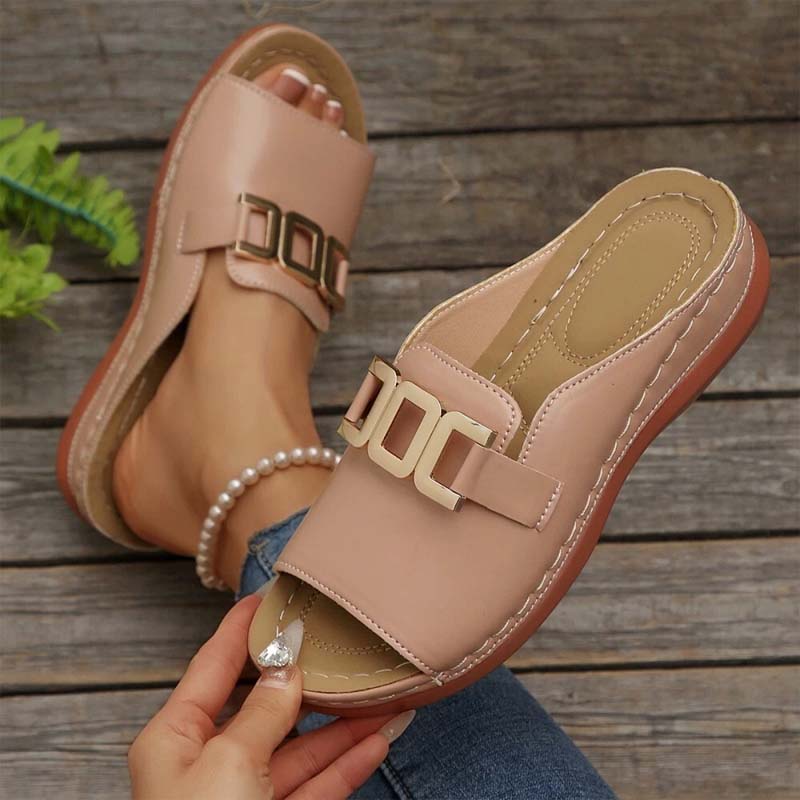 💞Metal buckle thick-soled wedge-heeled peep-toe sandals