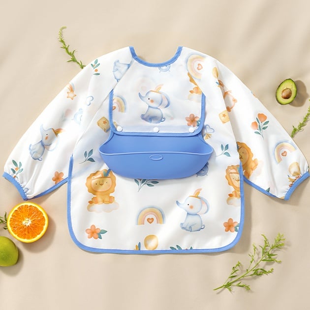 👶Baby Long Sleeve Bib with Silicone Catch Pocket
