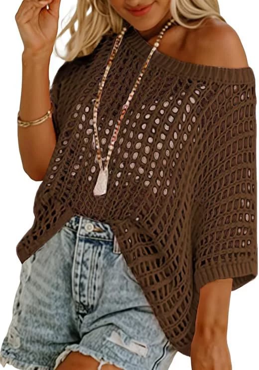 Last Day 🎁 Womens Summer Scoop Neck ShortSleeve Sweater Casual Crochet Hollow Out KnitTops