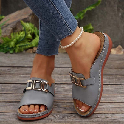 💞Metal buckle thick-soled wedge-heeled peep-toe sandals