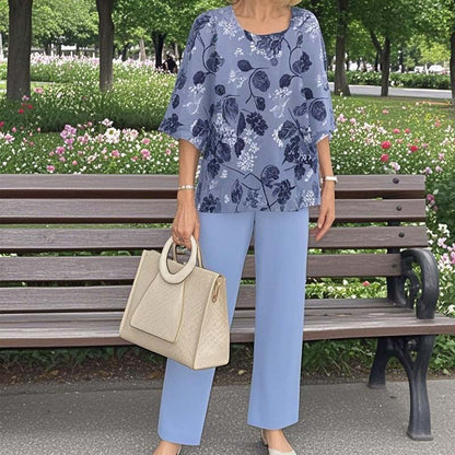 🔥Women's round neck short sleeve top with floral print pants casual suit（🛩️Home delivery）