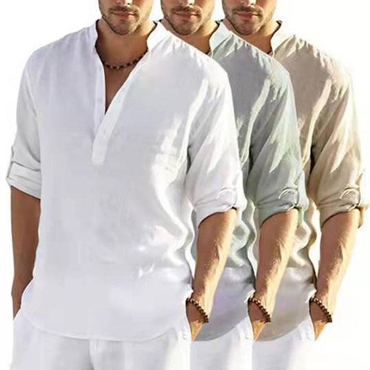 2025 New Men's Solid Color Long Sleeve Cotton and Linen Shirt