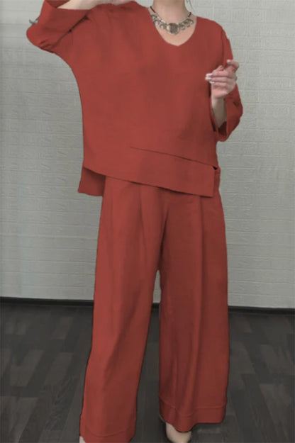 Women's cotton and linen two-piece leisure set with irregular hem and short sleeves