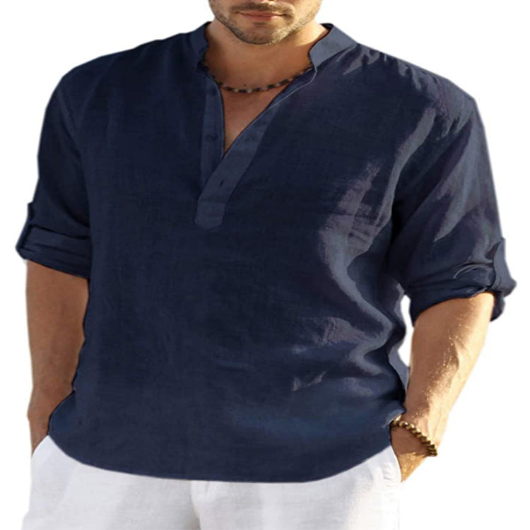 2025 New Men's Solid Color Long Sleeve Cotton and Linen Shirt