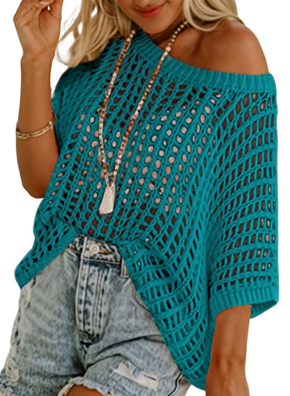Last Day 🎁 Womens Summer Scoop Neck ShortSleeve Sweater Casual Crochet Hollow Out KnitTops