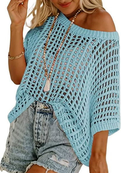 Last Day 🎁 Womens Summer Scoop Neck ShortSleeve Sweater Casual Crochet Hollow Out KnitTops