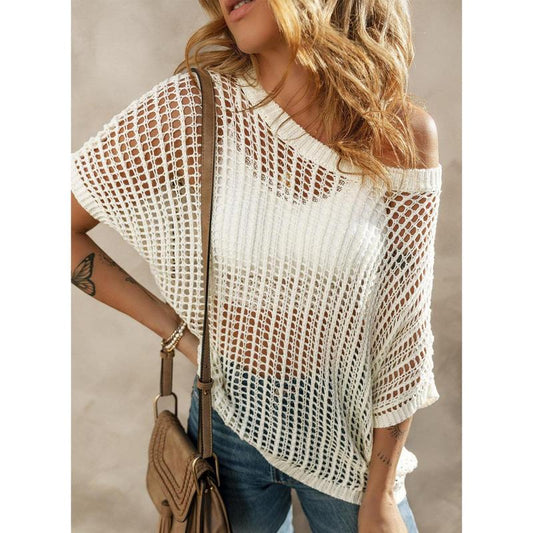 Last Day 🎁 Womens Summer Scoop Neck ShortSleeve Sweater Casual Crochet Hollow Out KnitTops