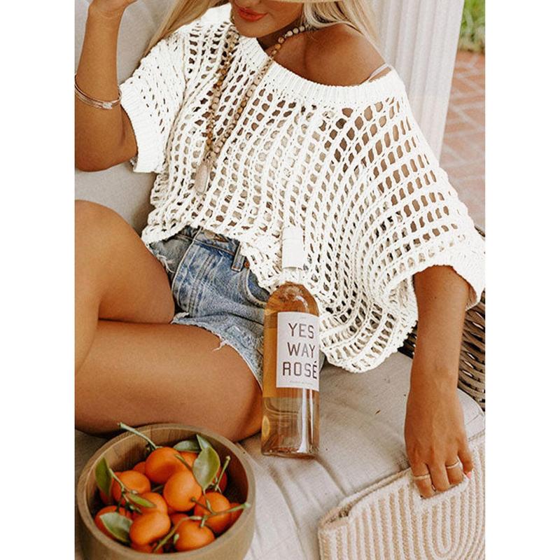 Last Day 🎁 Womens Summer Scoop Neck ShortSleeve Sweater Casual Crochet Hollow Out KnitTops