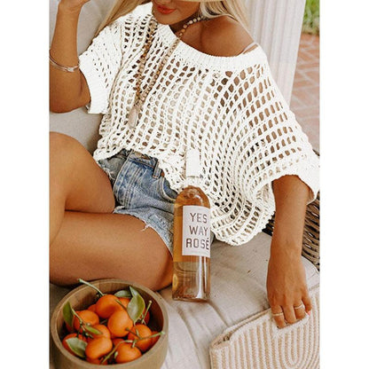 Last Day 🎁 Womens Summer Scoop Neck ShortSleeve Sweater Casual Crochet Hollow Out KnitTops