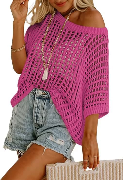 Last Day 🎁 Womens Summer Scoop Neck ShortSleeve Sweater Casual Crochet Hollow Out KnitTops