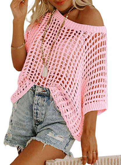 Last Day 🎁 Womens Summer Scoop Neck ShortSleeve Sweater Casual Crochet Hollow Out KnitTops