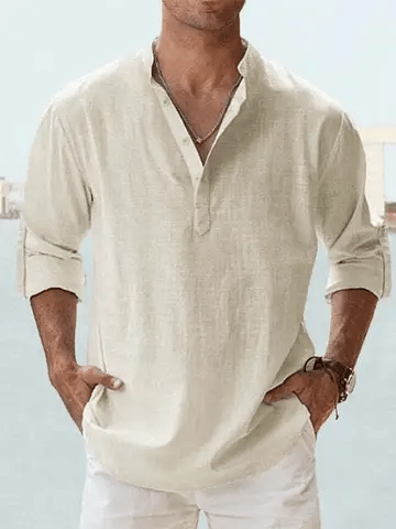 2025 New Men's Solid Color Long Sleeve Cotton and Linen Shirt