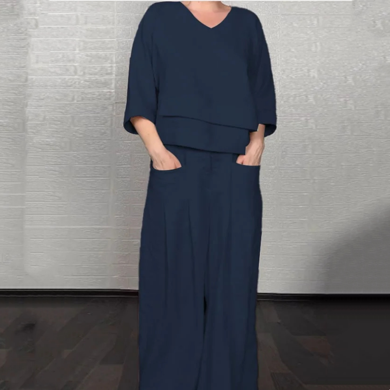 Women's cotton and linen two-piece leisure set with irregular hem and short sleeves