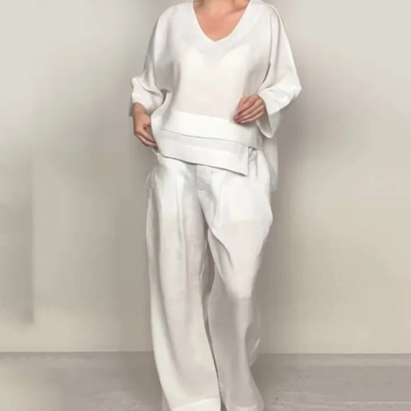 Women's cotton and linen two-piece leisure set with irregular hem and short sleeves