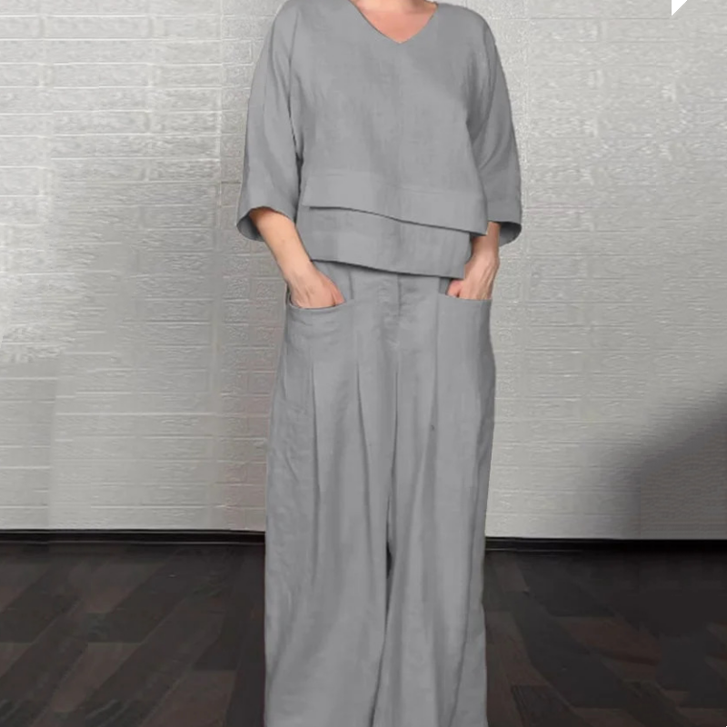 Women's cotton and linen two-piece leisure set with irregular hem and short sleeves