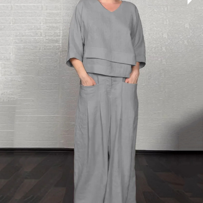 Women's cotton and linen two-piece leisure set with irregular hem and short sleeves