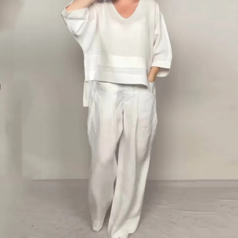 Women's cotton and linen two-piece leisure set with irregular hem and short sleeves
