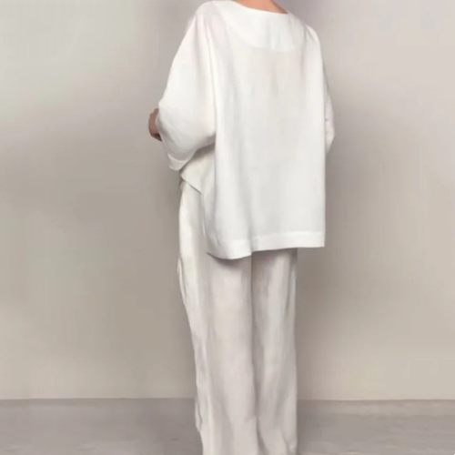 Women's cotton and linen two-piece leisure set with irregular hem and short sleeves