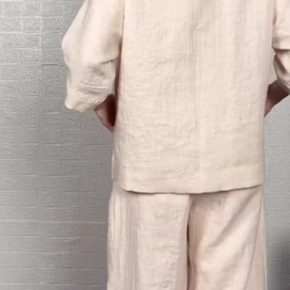 Women's cotton and linen two-piece leisure set with irregular hem and short sleeves